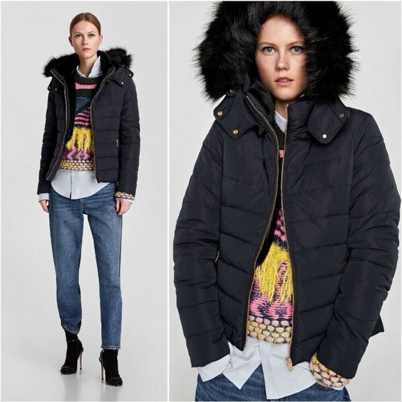 Zara Quilted Down Puffer Jacket with Faux Fur Textured Hood Navy & Gold - Picture 3 of 13